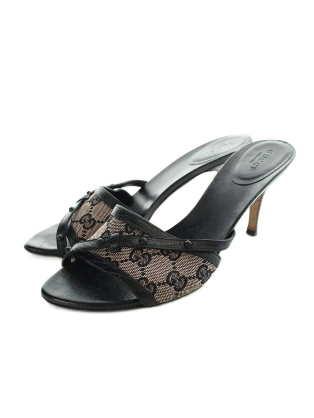 Gucci Sandals Stiletto Heels GG Pattern Cross Strap Black